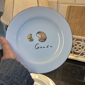 Pottery Barn White Plate with Black Trim and Cheese Design